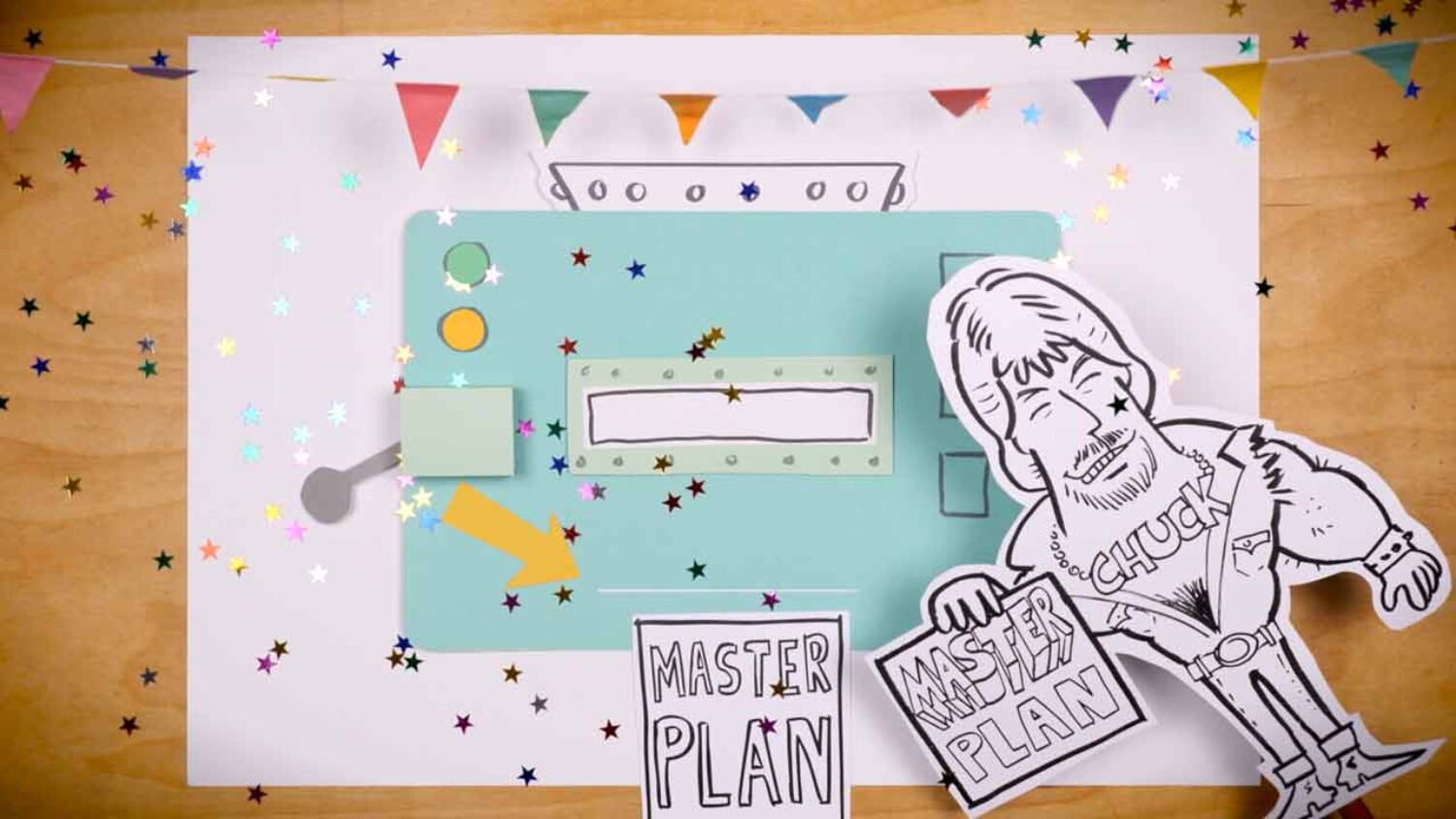 eine Zeichnung von Cuck Norris hält einen Masterplan vor eine Slotmachine hoch. Startscreen für Erklärfilm aus Hannover.