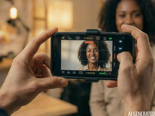 Dozent und Videograf Udo Schlörmann von 52° Film filmt mit dem Smartphone eine Frau während eines Video-Workshops Hannover.