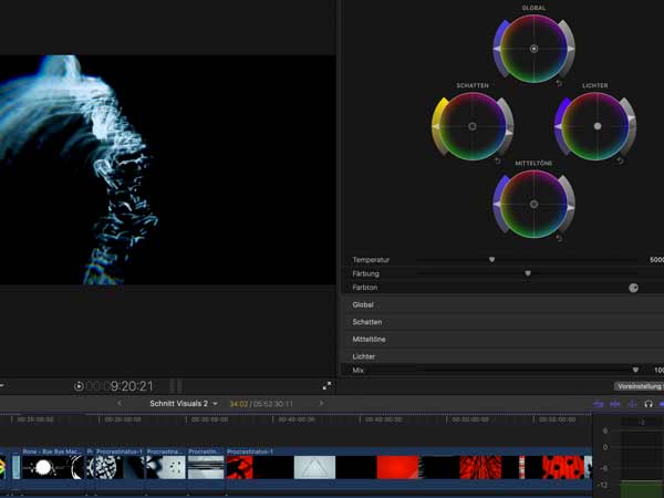 Screenshot eines Videoschnittprogramms aus den 52° Film Video-Workshops Hannover zum Thema Postproduktion.