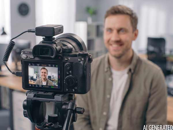 Blonder Mann im Interview vor Systemkamera – Video-Workshops Hannover „Filmen mit der Systemkamera" von 52° Film.